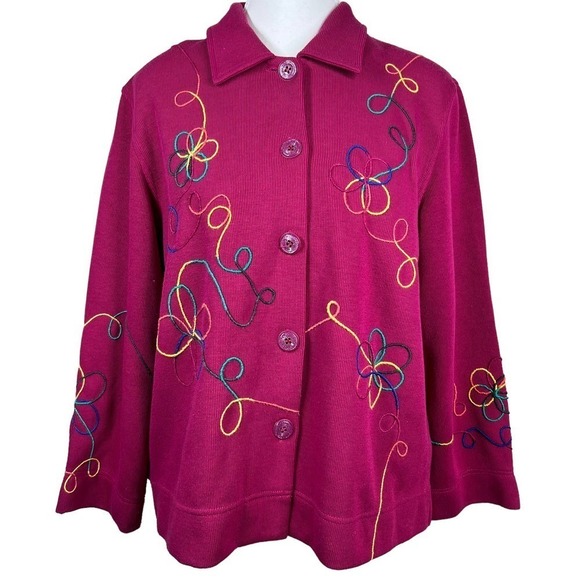 Vintage 80’s Koret Cardigan Fuchsia Rainbow Embroidery Petite Medium - Picture 1 of 12